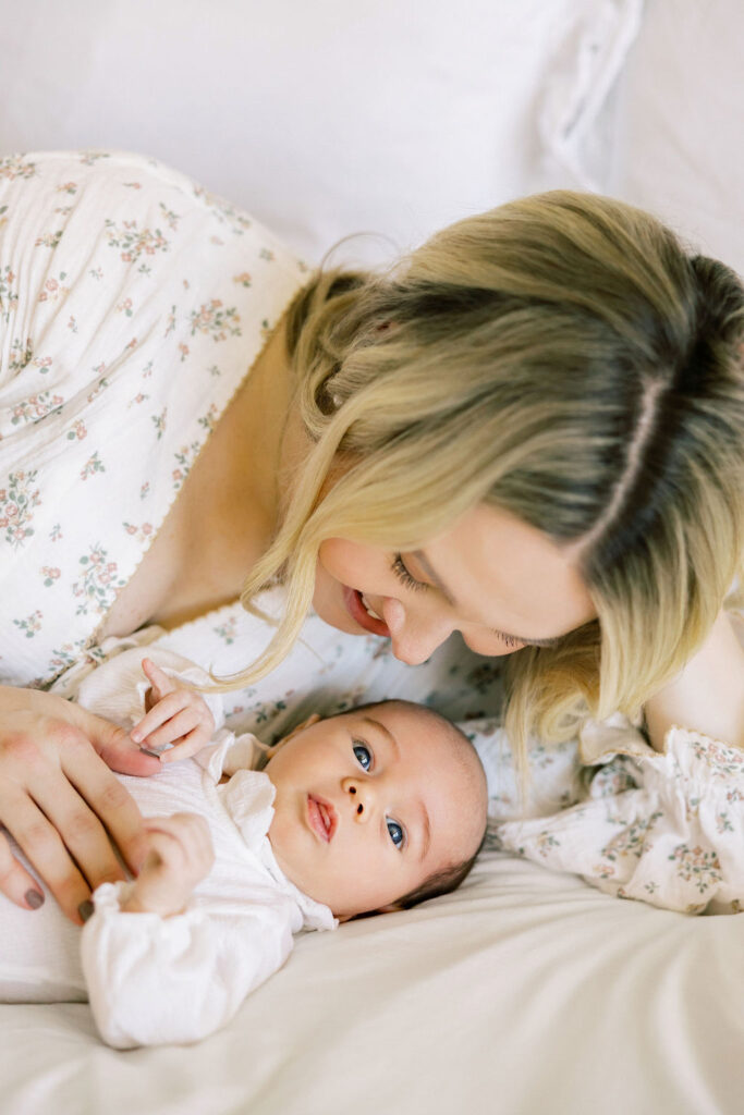 Close up of mother and newborn during an intimate in home photo session